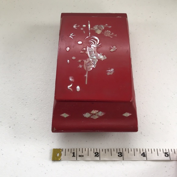 Vintage Oriental Red Lacquer Jewelry Box with Abalone Inlay with Rooster Design - Picture 14 of 14